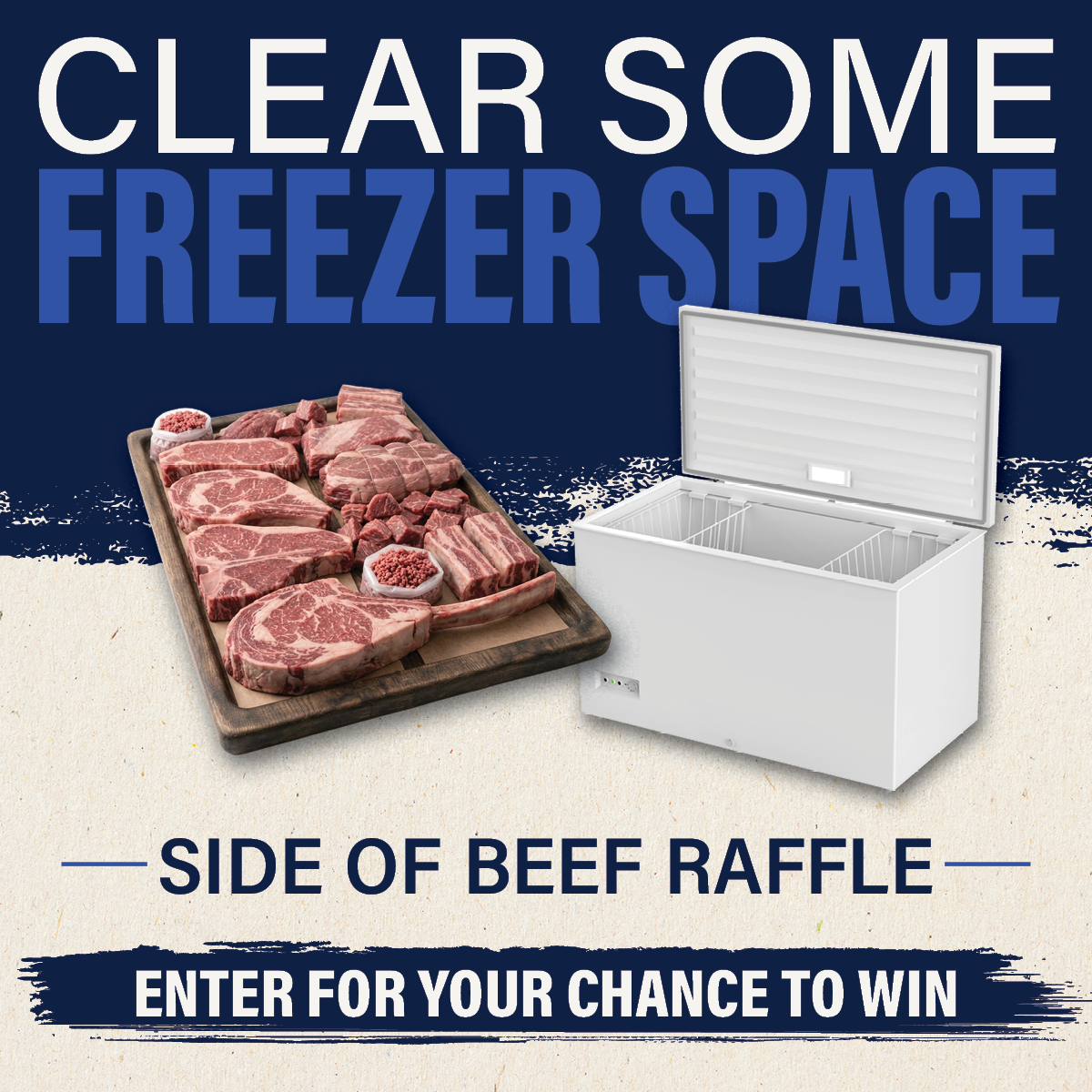 Graphic for the Side of Beef Raffle feature a platter of meat and a large freezer.